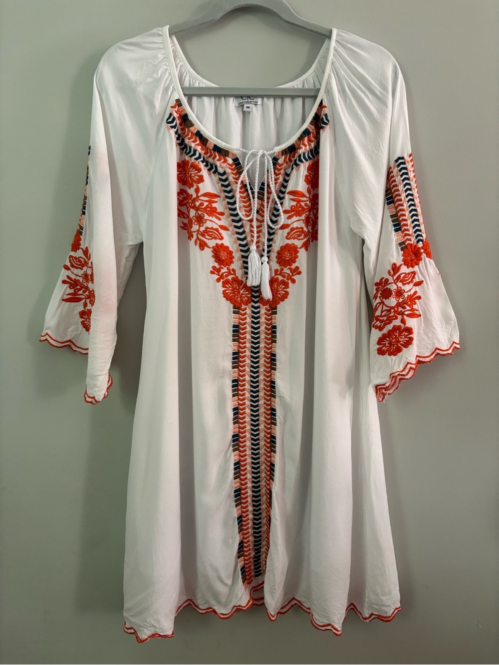 Chic Connection White Embroidered Boho Peasant Bell Sleeve Dress M